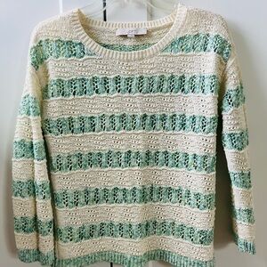 LOFT Sweater Small Ribbon Knit Pullover Crewneck Green Striped, size S